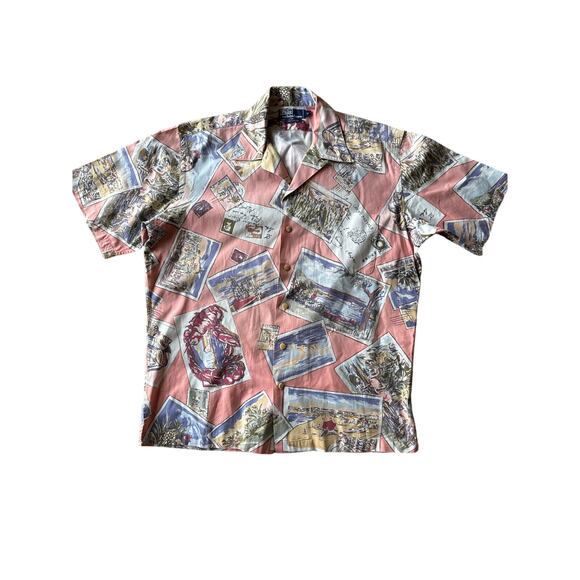 Vintage Polo Ralph Lauren M Salmon Coastal Hawaiian Cotton Button Down Shirt - Picture 1 of 7